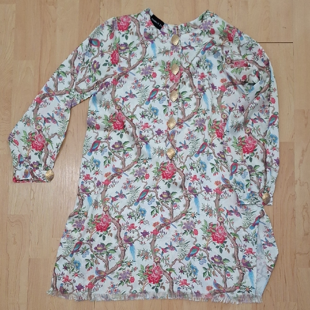 Sammy K Tropical Bird Floral Patterned Kaftan Tunic Size M Gold Buttons
